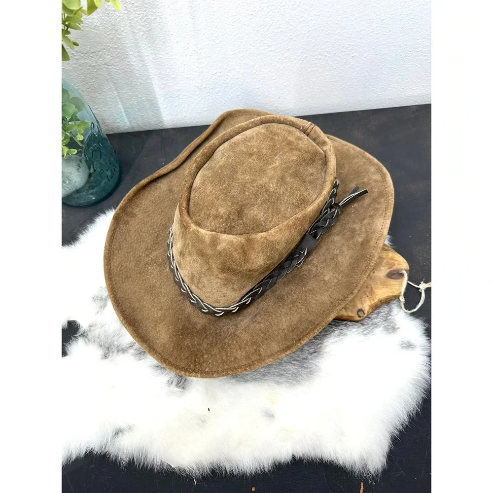 Suede leather outback hat Australia genuine leather tan braided vintage large‎